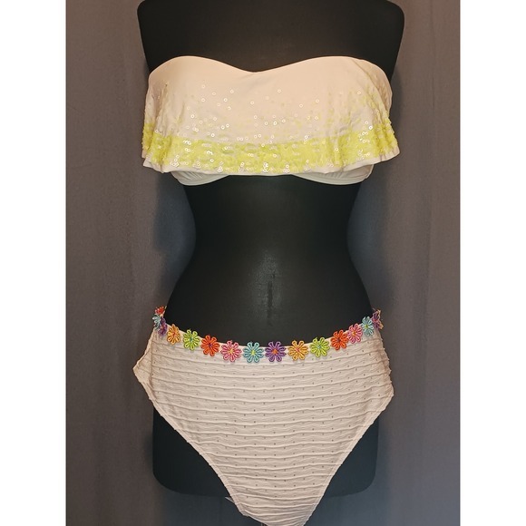 Xhilaration Sequin top XL‎ Swimsuit Strapless Flower Trim Bikini bottoms 3XL - Picture 1 of 6